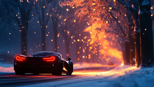 3D supercar on ember-lit winter forest road at dusk.