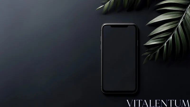 Smartphone Mockup with Botanical Elements on Dark Surface.