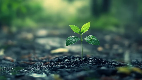 Young green seedling with water droplets in a soft-focus forest scene.