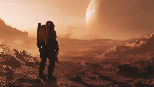 Solitary astronaut surveying sunlit alien wasteland.