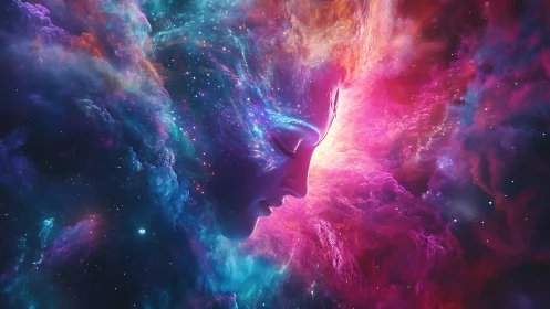 Cosmic human profile merges with radiant nebula cloud field