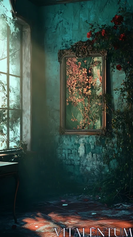 Decayed teal interior with framed floral mirror and roses.