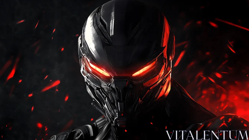 Armored cybernetic warrior glares through burning red visor