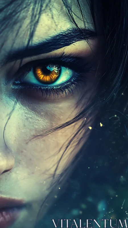 Golden gaze of mystery in a storm of teal shadows.