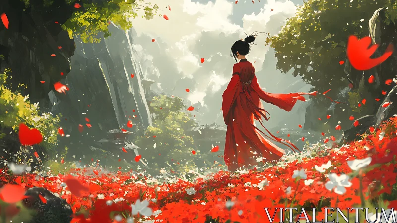 Scarlet wind carries a lone wanderer through blooming silence