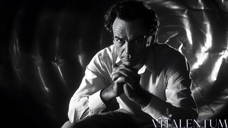 Dramatic black and white portrait of pensive man in light.