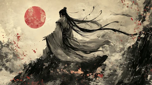 Samurai figure on rocky peak before red sun disk.