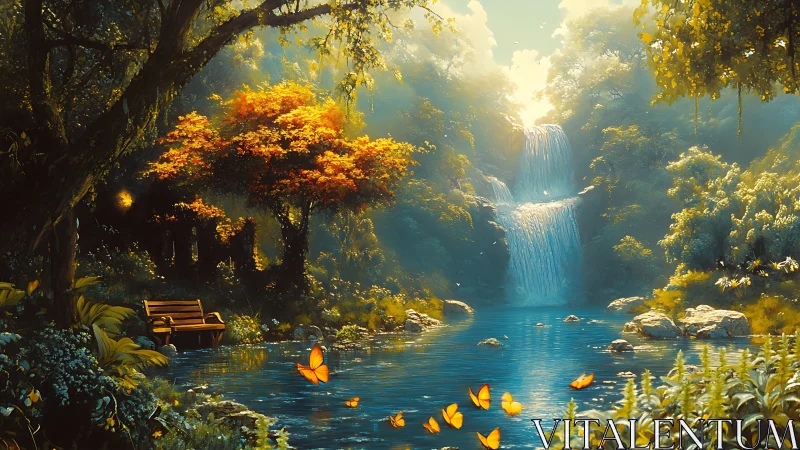 Luminous forest waterfall with saturated foliage and reflective stream