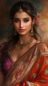 Digital portrait of Indian woman in ornate silk saree.