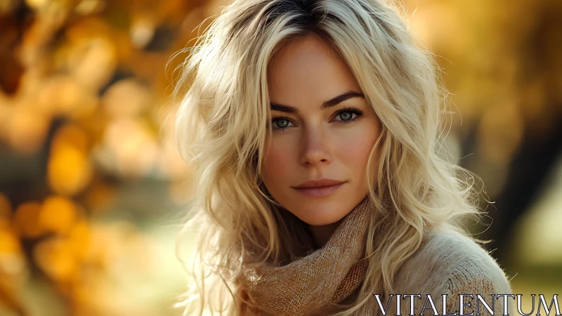 Golden autumn portrait with soft light and quiet grace.