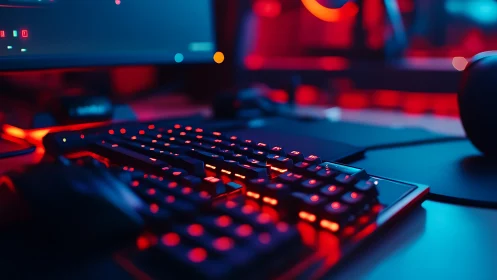 Mechanical gaming keyboard glows under red and blue lighting