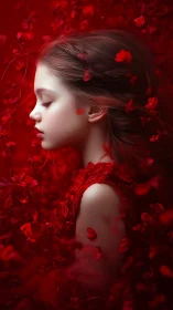 Portrait of Elegance Immersed in Crimson Floral Composition.