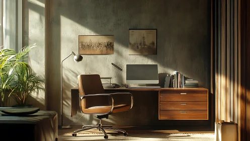 Sunlit studio desk where warm wood and quiet pixels converse.