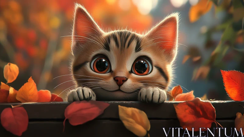 3D Rendered Feline Portrait with Large Eyes Framed by Autumn Foliage