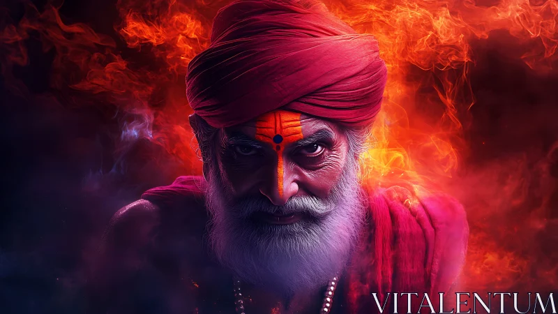 Mystic elder portrait in fiery orange red chromatic aura.