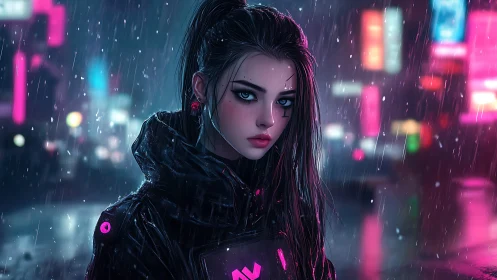 Cyber-noir heroine stands in neon rain with reflective armor