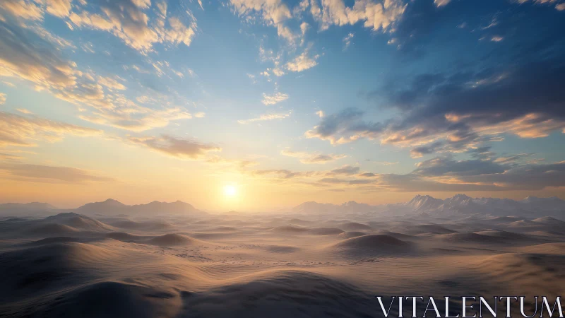 Soft dawn light rolls gently across calm desert dunes