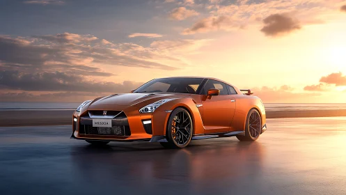 Orange sports coupe stands on reflective coastal roadway at dusk