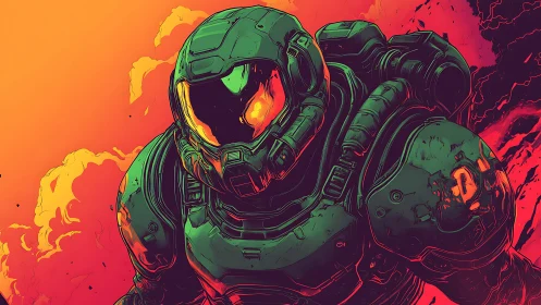 Armored voidrunner strides through molten sunset inferno.