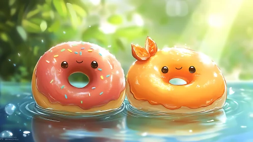 Cute frosted donut characters floating on water.