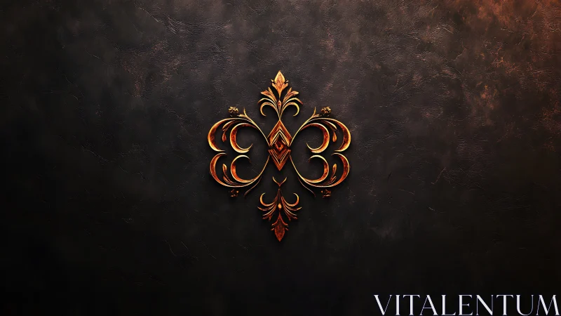 Ornate metallic emblem on textured dark background surface.