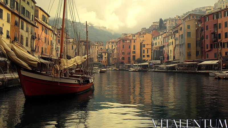 Harbor canal scene shows moored red sailing vessel and pastel facades