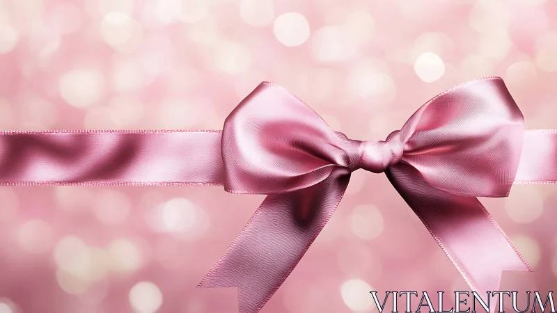 Pink satin gift bow on soft bokeh background image.