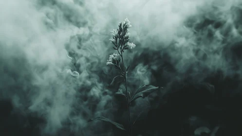 Single flowering plant surrounded by dense swirling smoke.