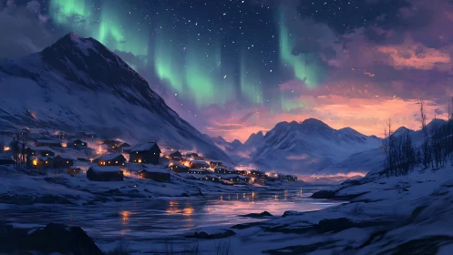 Snowy village beneath aurora over frozen river at dusk