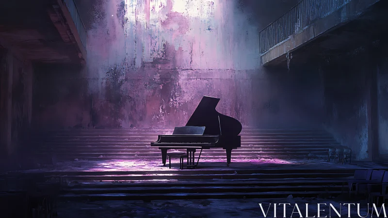 Grand piano in derelict hall under diffuse purple light.
