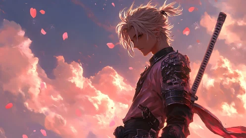 Samurai warrior stands in drifting petals at sunset sky
