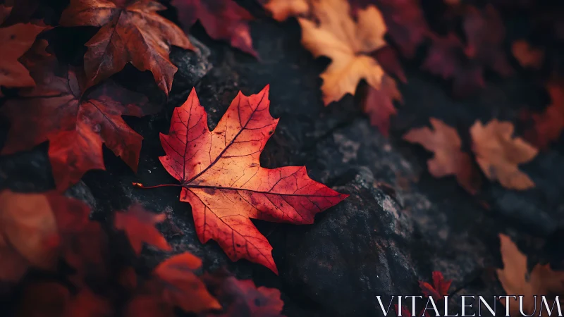 Lone crimson maple leaf rests on dark forest stone path.