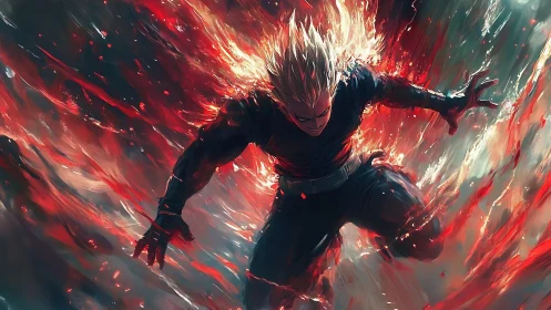 Energetic warrior descends through turbulent red plasma streams