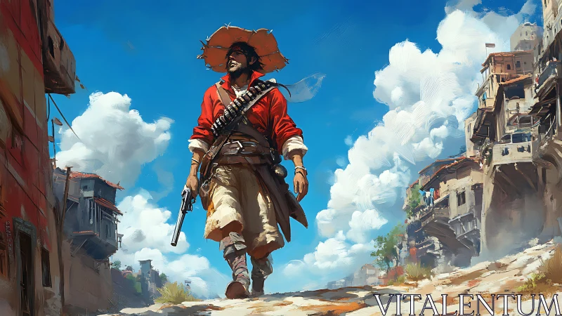 Lone desert wanderer strides through sunlit cliffside town.