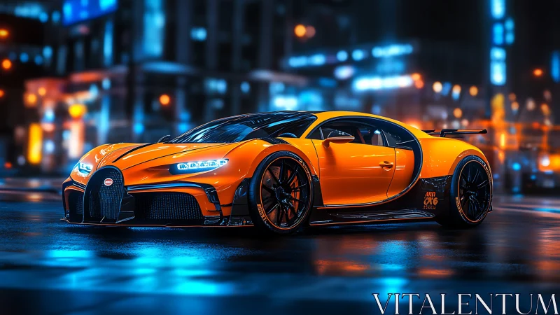 Orange hypercar glows against wet neon city streets at night