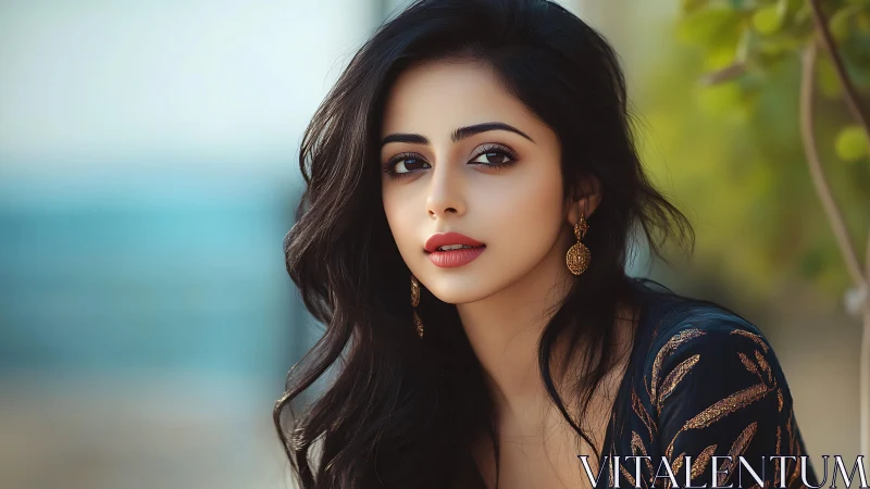 Portrait captures serene woman with soft outdoor bokeh