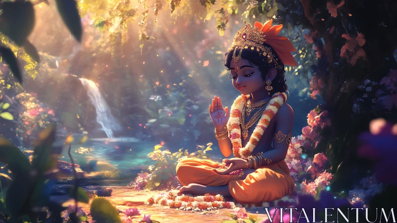 Radiant child deity resting in a glowing forest sanctuary.