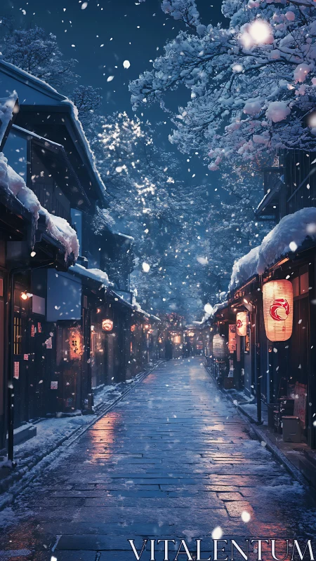 Snowy lantern-lit alleyway glows under a tranquil winter sky.
