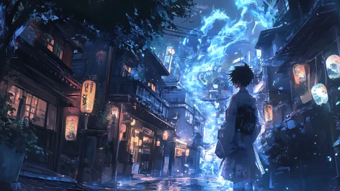 Nocturnal alleyway frames robed figure with spiraling blue energy