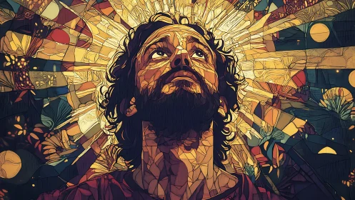 Radiant stained glass portrait captures a moment of devotion