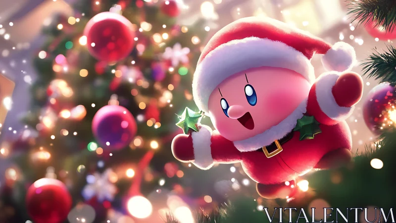 Kirby in Santa costume is positioned before decorated tree