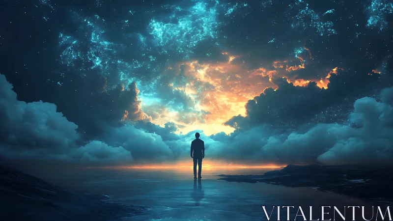Figure stands on reflective shore under glowing cosmic sky.