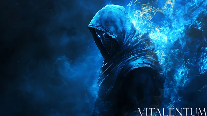 Hooded spectral assassin shrouded in electric blue fire.
