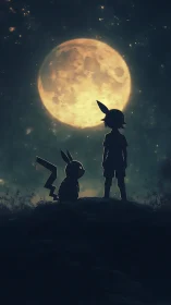 Silhouetted trainer and companion under luminous full moon.