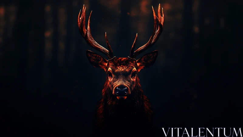 Red-lit stag portrait centered against dark forest field.