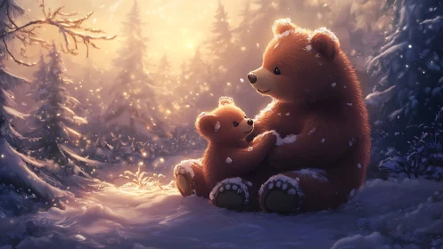 Brown bears seated in snowy forest under warm sunset light.