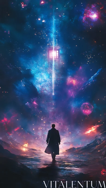 Silhouetted figure walks toward glowing portal in cosmic sky