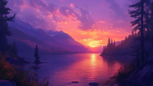 Twilight blaze over still mountain lake in violet hush.