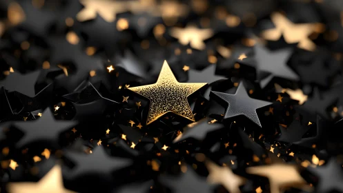 Shiny Golden Star Among Black Stars, Modern 3D Abstract Art.