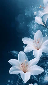 Ethereal White Flowers with Dynamic Particle Effects and Blue Atmospheric Depth